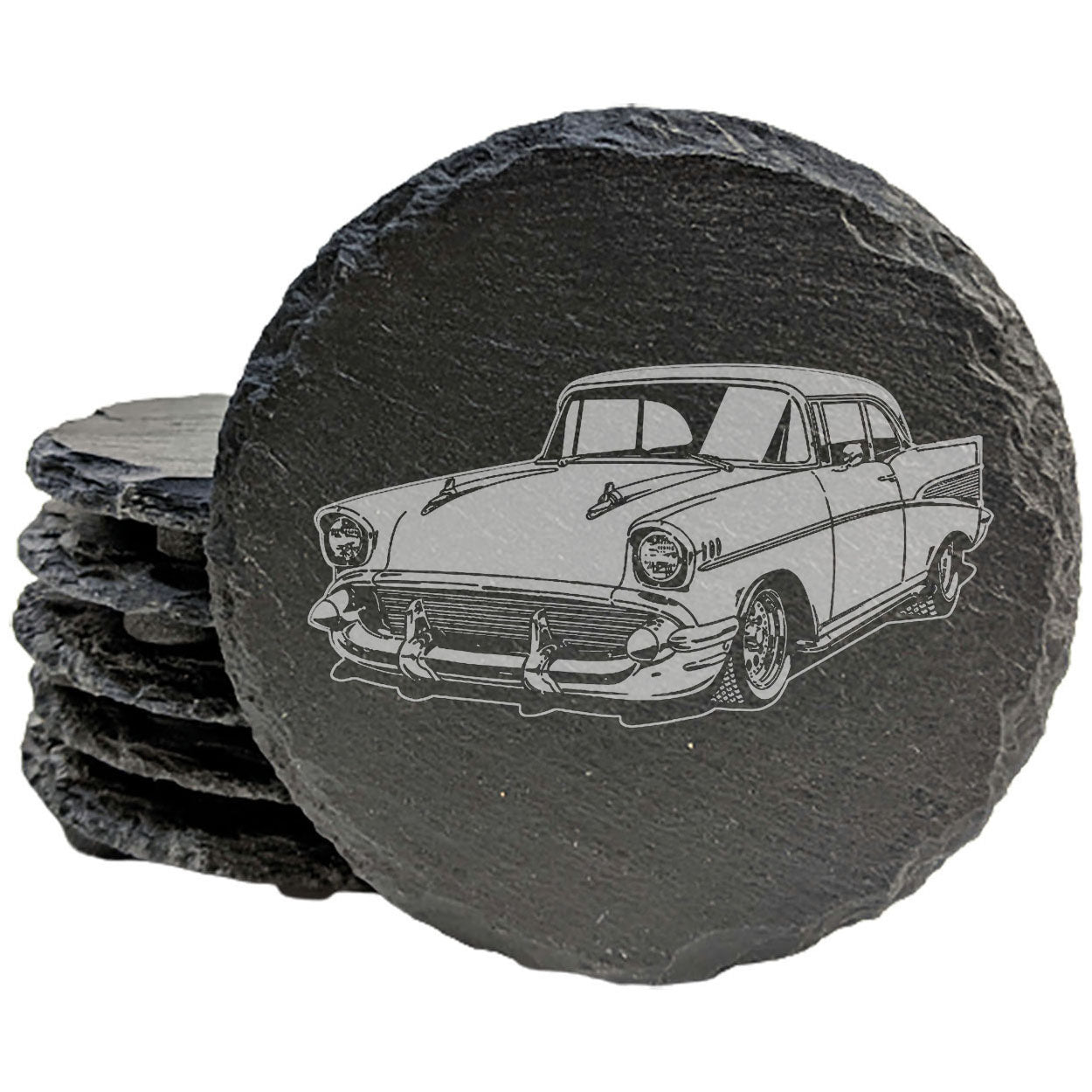 Set of Rustic Slate Coasters with Laser-Etched 57 Chevy Bel Air Design - Vintage Car Enthusiast Home Decor Drink Mats