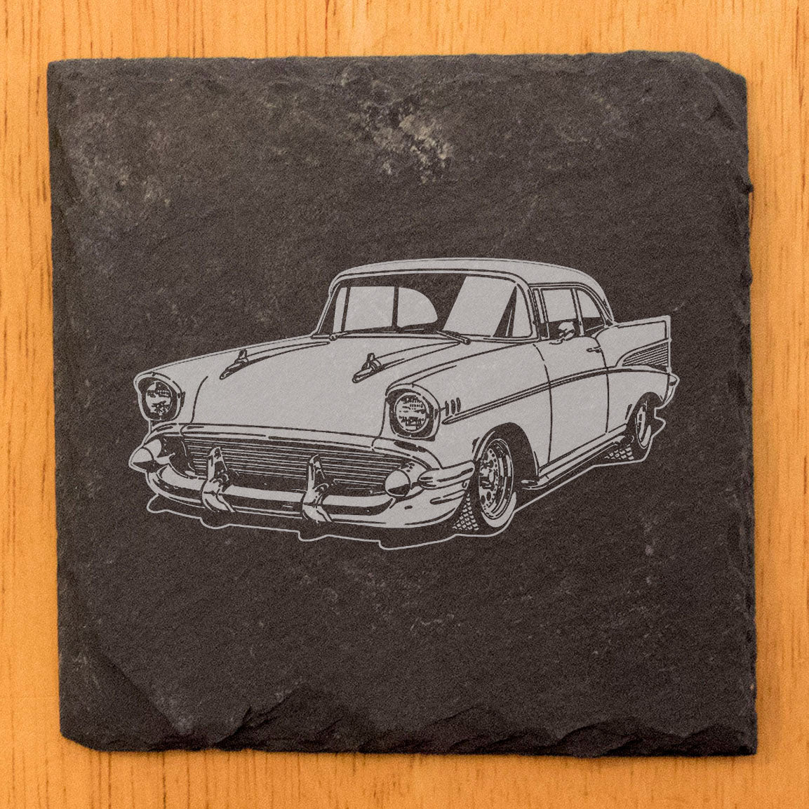 Set of Rustic Slate Coasters with Laser-Etched 57 Chevy Bel Air Design - Vintage Car Enthusiast Home Decor Drink Mats