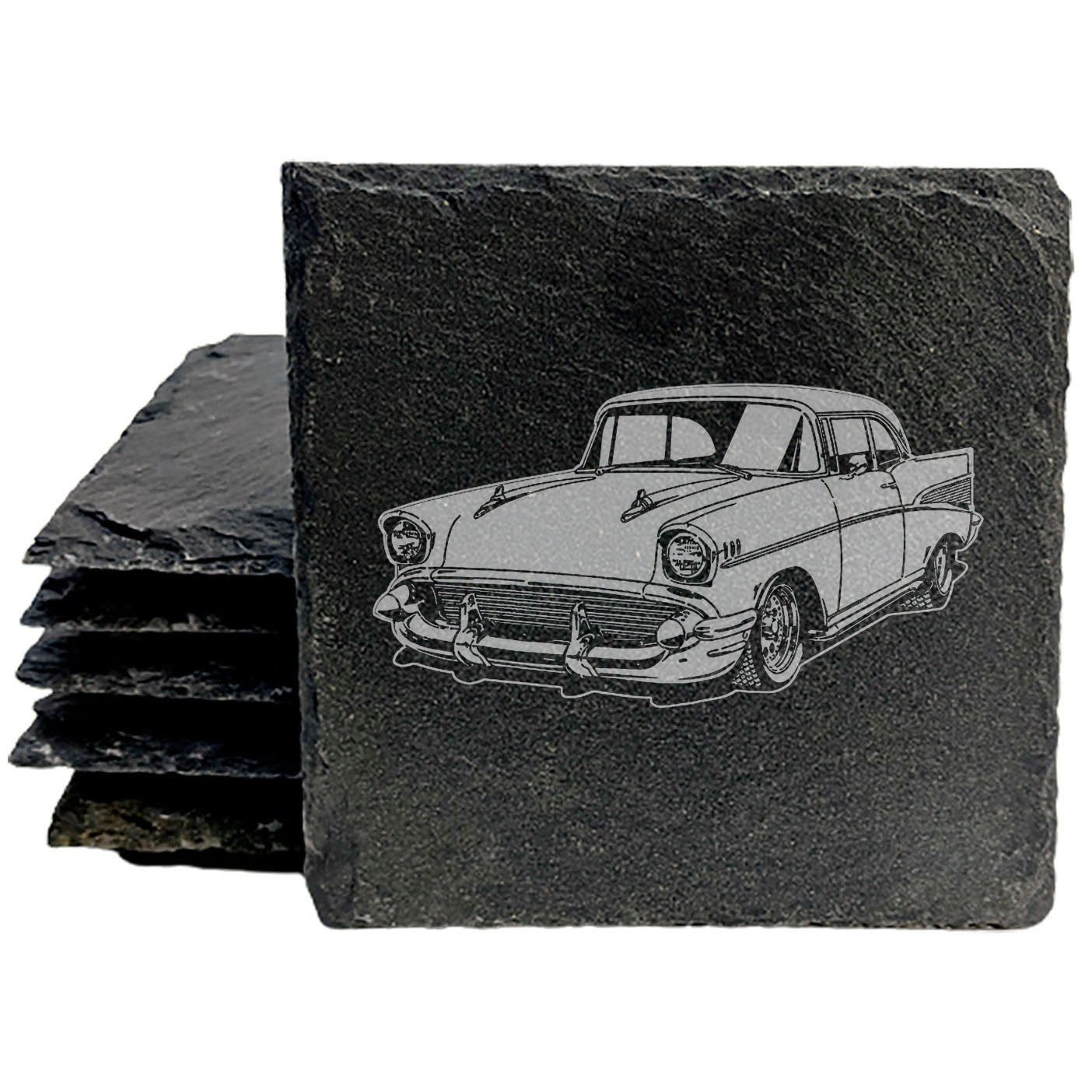 Set of Rustic Slate Coasters with Laser-Etched 57 Chevy Bel Air Design - Vintage Car Enthusiast Home Decor Drink Mats