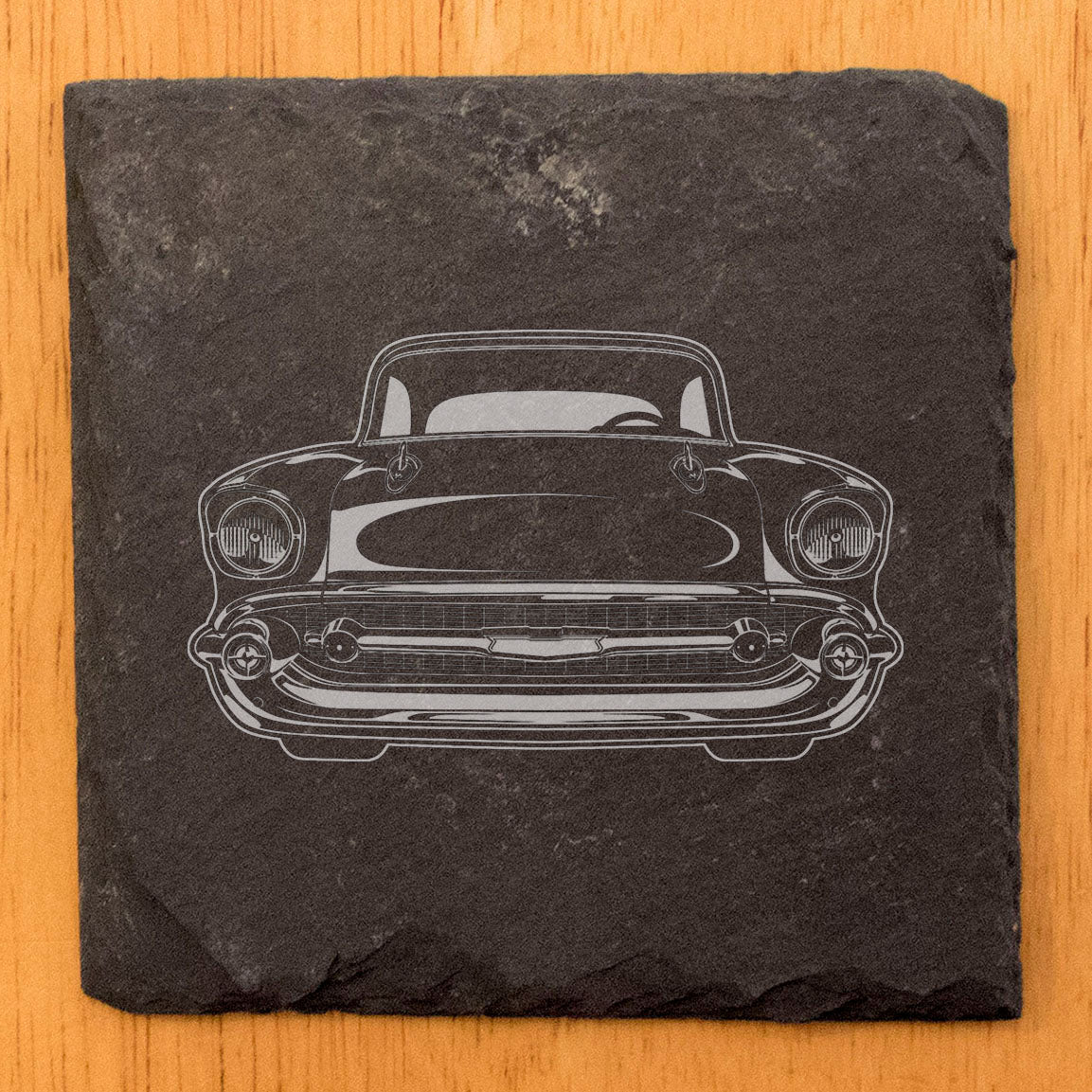 Vintage Rustic Slate Coasters Set with 1950's Chevy Bel Air Design - Laser Etched, Durable Drink Coasters for Car Enthusiasts and Home Decor