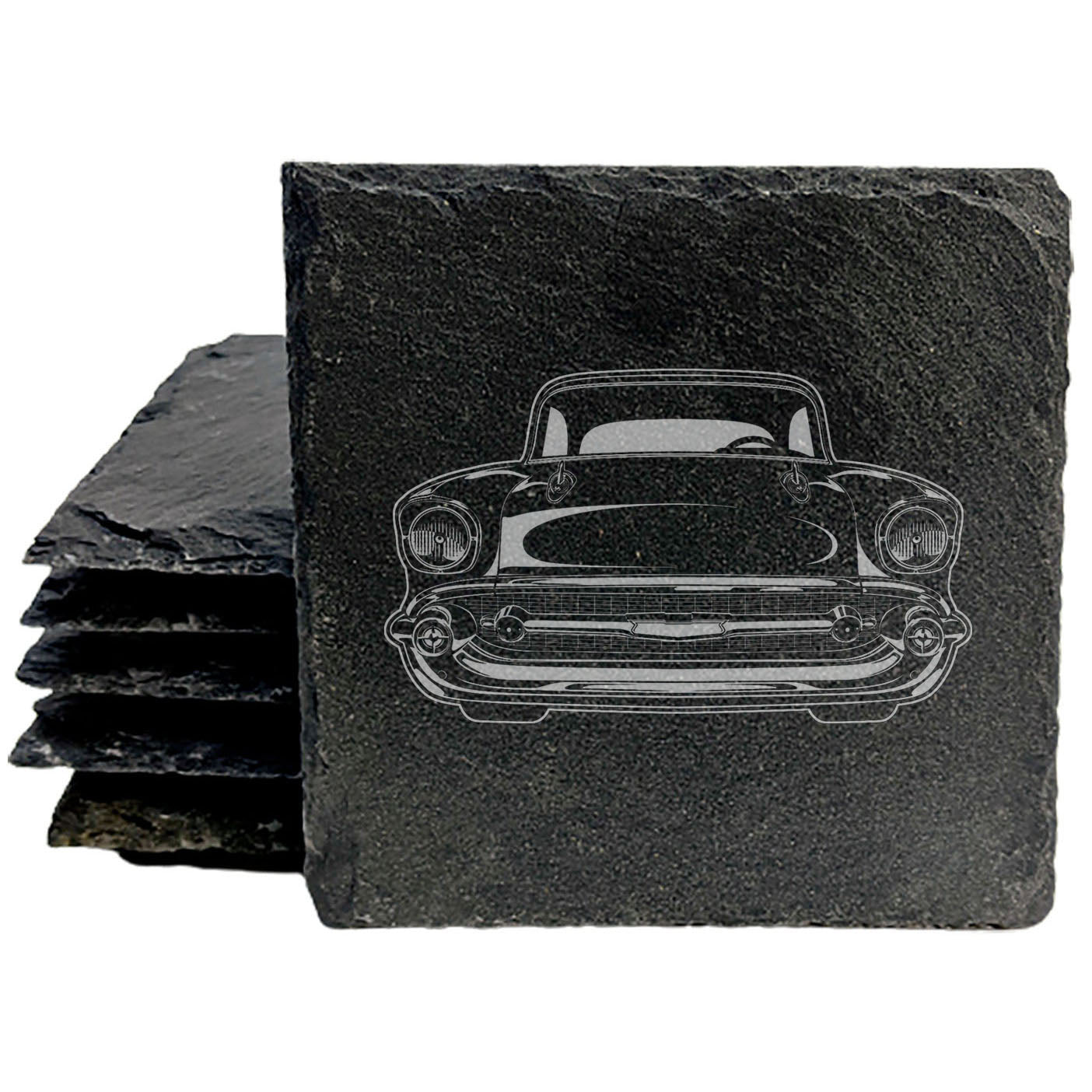 Vintage Rustic Slate Coasters Set with 1950's Chevy Bel Air Design - Laser Etched, Durable Drink Coasters for Car Enthusiasts and Home Decor