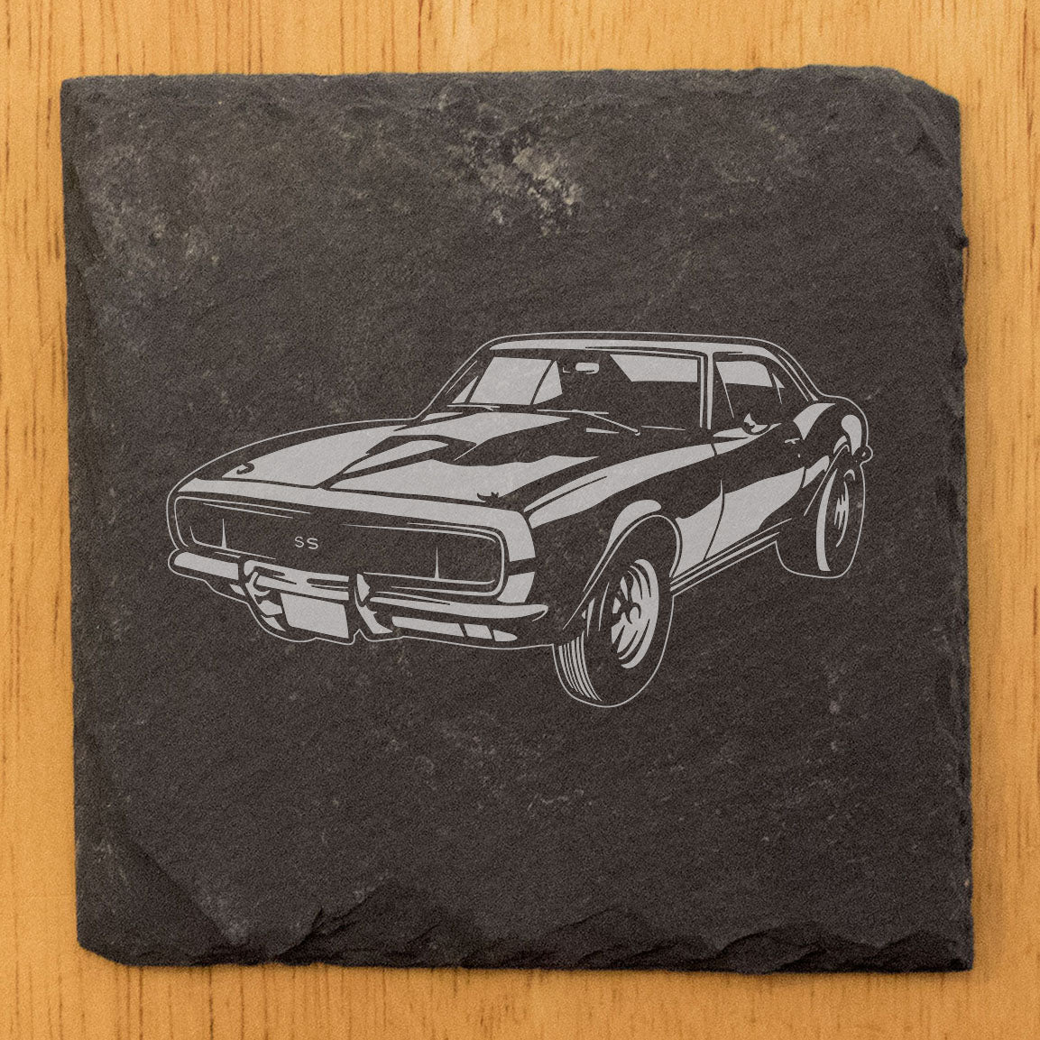 Rustic Gray Slate Coasters Set of 4 with 1967 Chevy Camaro Design, Perfect for Holidays, Birthdays, Housewarming, She-Shed or Man Cave, Made in Oregon, USA, 4" Round or Square, Gift-Ready Box