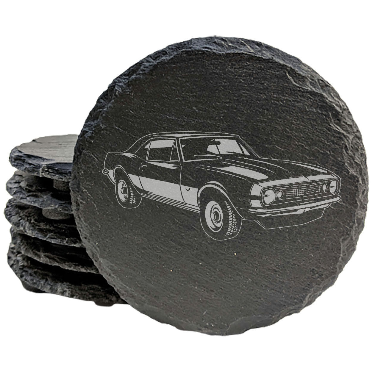 Rustic Slate Coasters Set with Laser-Etched 1967 Chevy Camaro SS350 Design - Drink Coasters for Car Enthusiasts & Home Decor