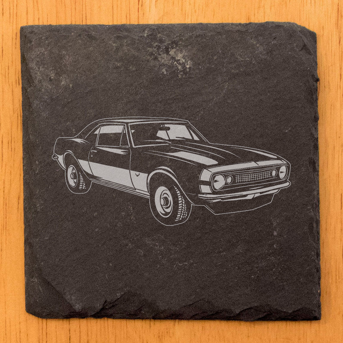 Rustic Slate Coasters Set with Laser-Etched 1967 Chevy Camaro SS350 Design - Drink Coasters for Car Enthusiasts & Home Decor