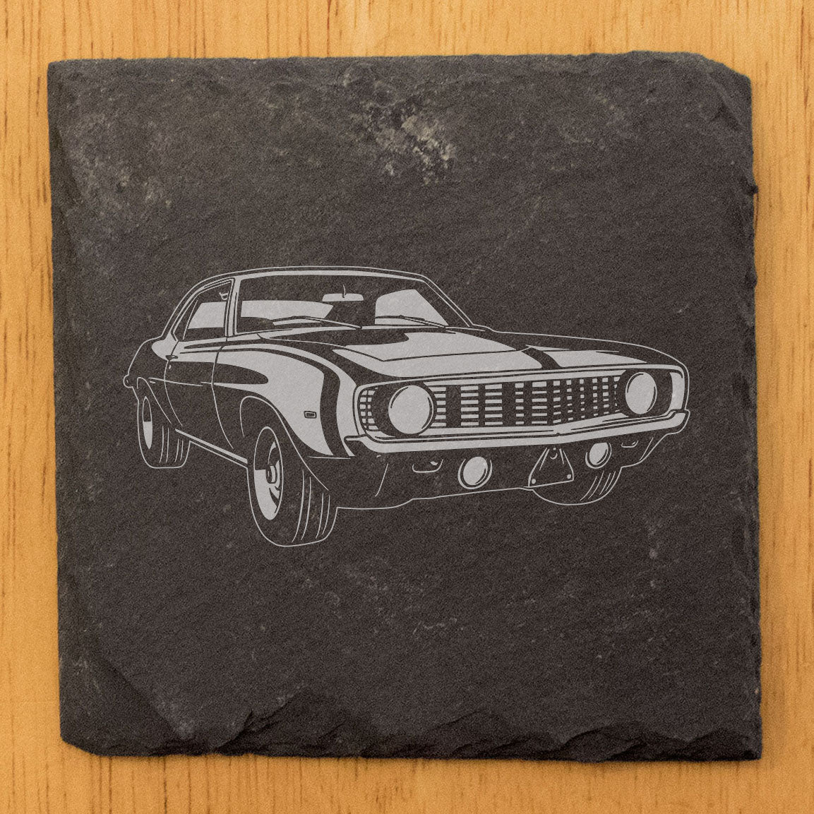 Rustic Gray Slate Coasters Set of 4 with 1969 Chevy Camaro SS 350 Design, Perfect for Holidays, Birthdays, Housewarming, She-Shed or Man Cave, Made in Oregon, USA, 4" Round or Square