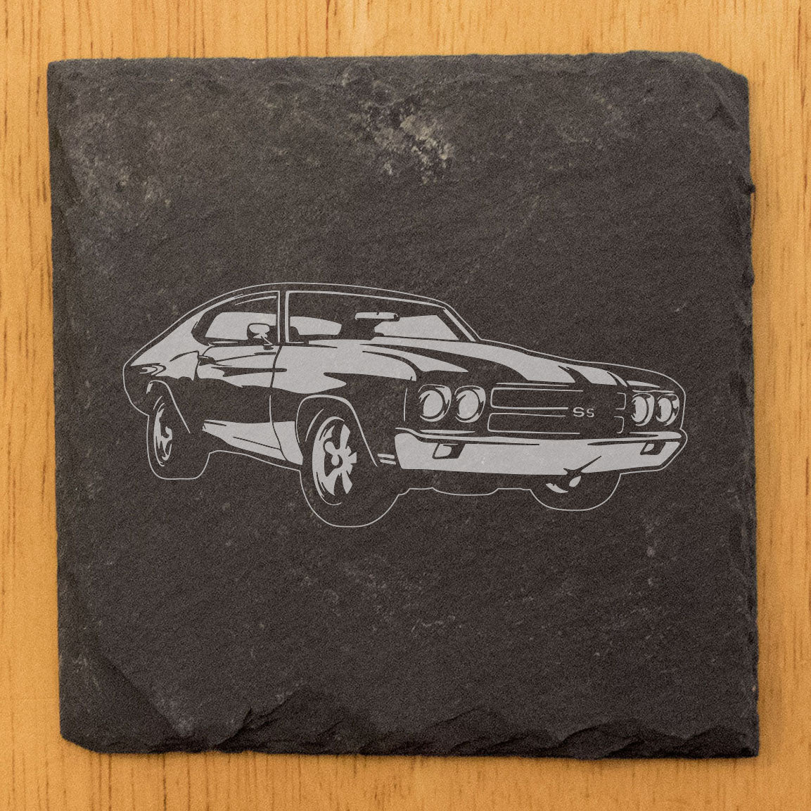 Rustic Gray Slate Coasters Set of 4 with 1970 Chevy Chevelle SS 454 Design, Perfect for Holidays, Birthdays, Housewarming, She-Shed or Man Cave, Made in Oregon, USA, Round 4 Inch Diameter