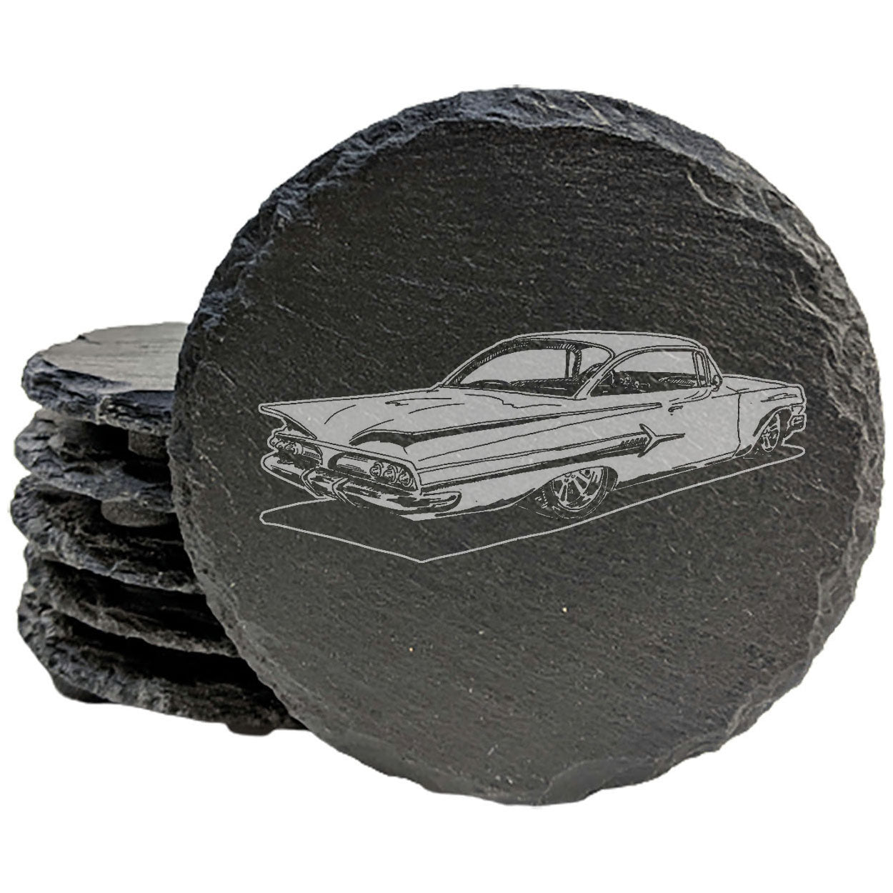 1960 Chevy Impala Design Rustic Slate Coasters Set - Laser-Etched Drink Coasters for Home Decor