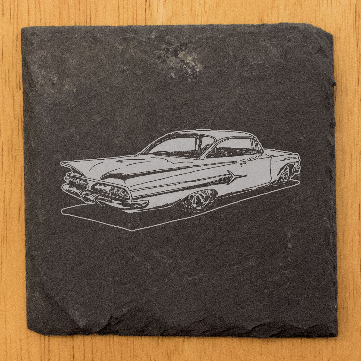 1960 Chevy Impala Design Rustic Slate Coasters Set - Laser-Etched Drink Coasters for Home Decor