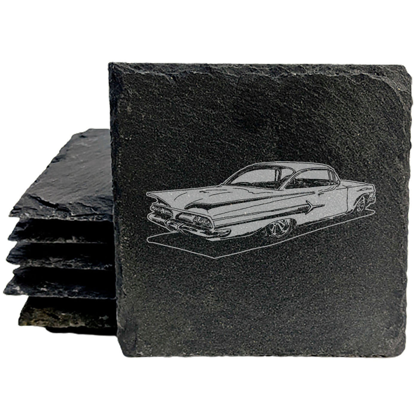 1960 Chevy Impala Design Rustic Slate Coasters Set - Laser-Etched Drink Coasters for Home Decor