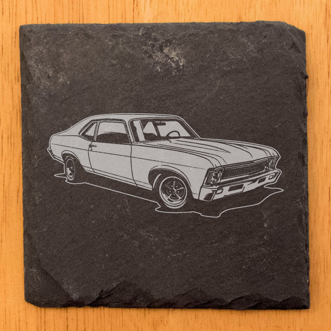 Set of Rustic Slate Coasters with Laser-Etched 1969 Chevy Nova Design | Drink Coasters for Car Enthusiasts and Home Decor