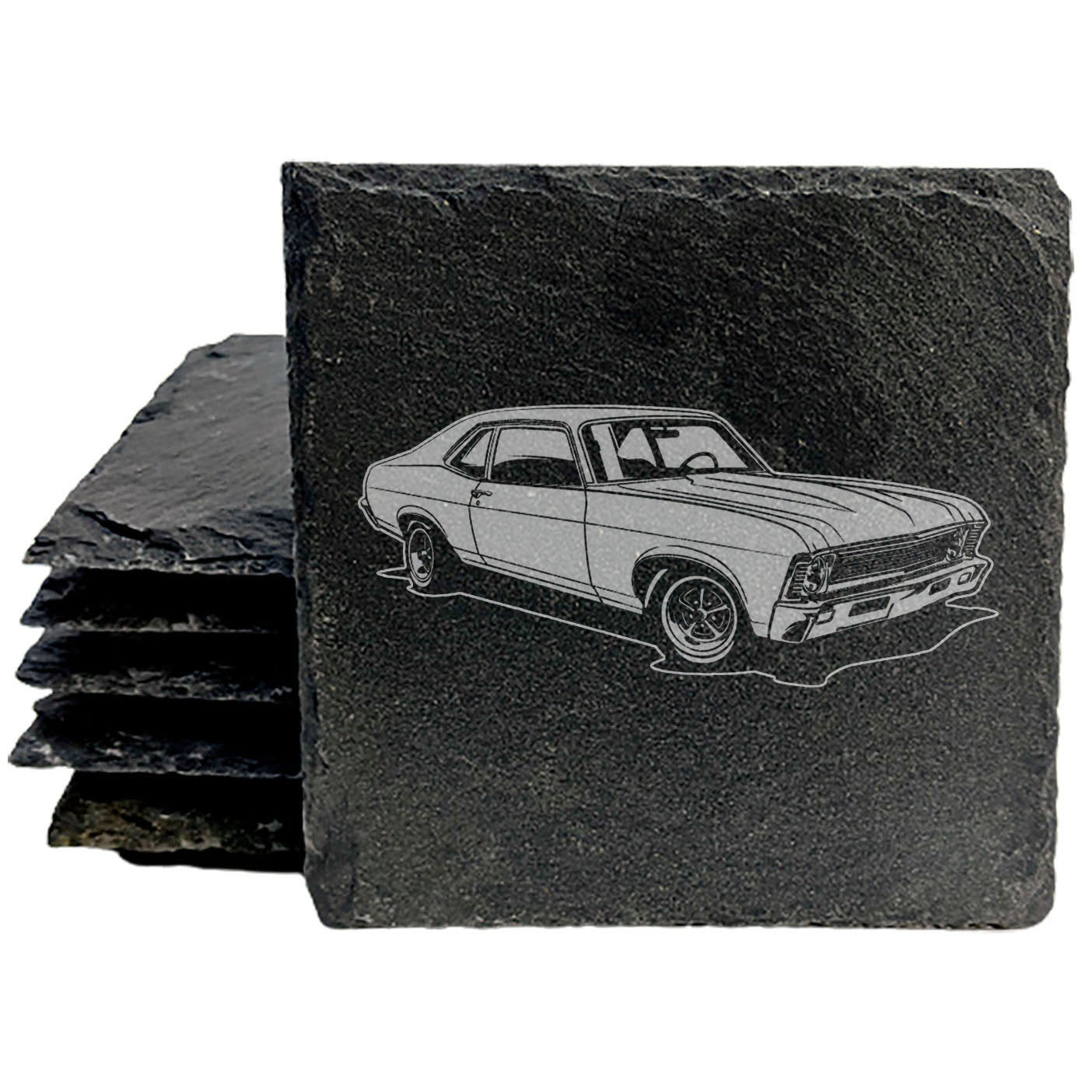 Set of Rustic Slate Coasters with Laser-Etched 1969 Chevy Nova Design | Drink Coasters for Car Enthusiasts and Home Decor