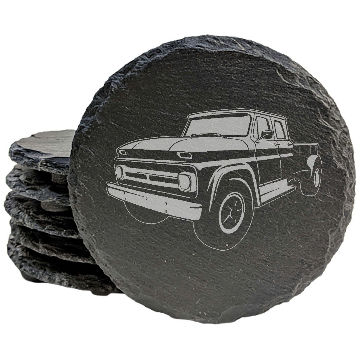 Rustic Slate Coasters Set with Laser-Etched Chevy C60 Pickup Design | Protective Rubber Feet | Vintage Car Enthusiast Home Decor