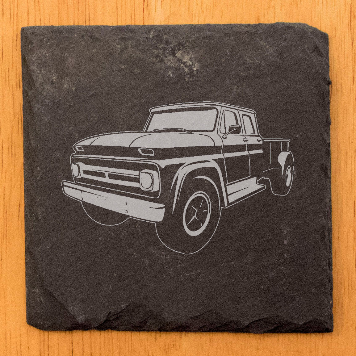 Rustic Slate Coasters Set with Laser-Etched Chevy C60 Pickup Design | Protective Rubber Feet | Vintage Car Enthusiast Home Decor