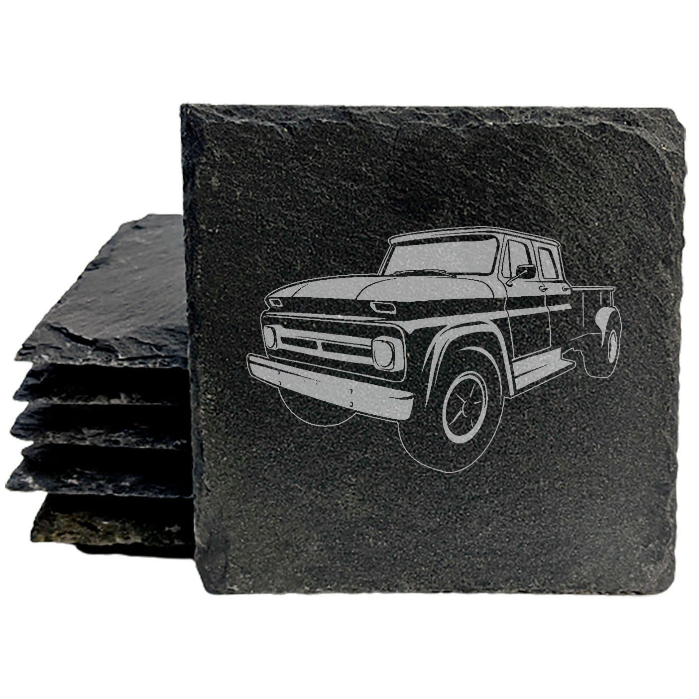 Rustic Slate Coasters Set with Laser-Etched Chevy C60 Pickup Design | Protective Rubber Feet | Vintage Car Enthusiast Home Decor