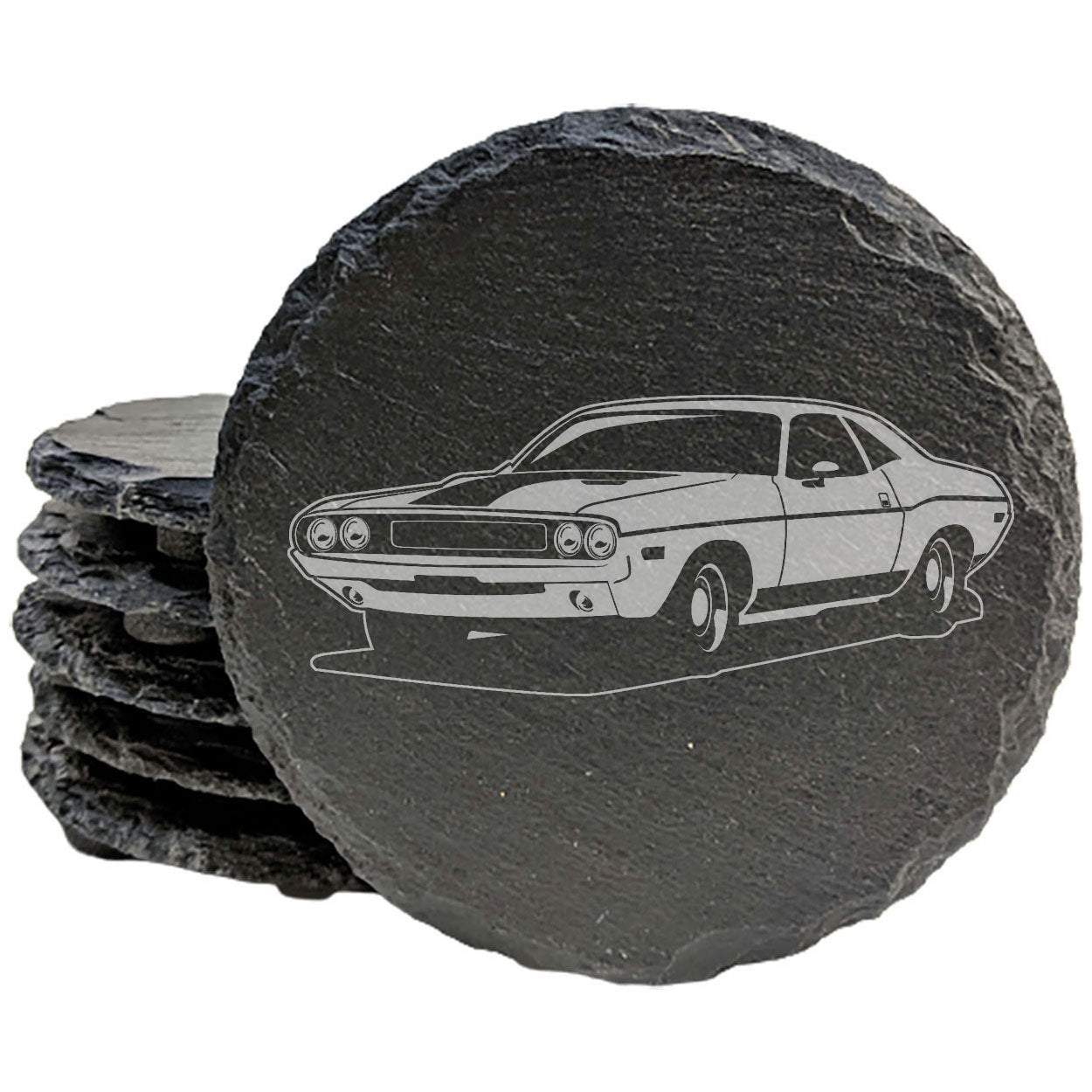 Rustic Slate Coasters Set with Laser-Etched Classic Dodge Challenger Design | Drink Coasters for Car Enthusiasts and Home Decor
