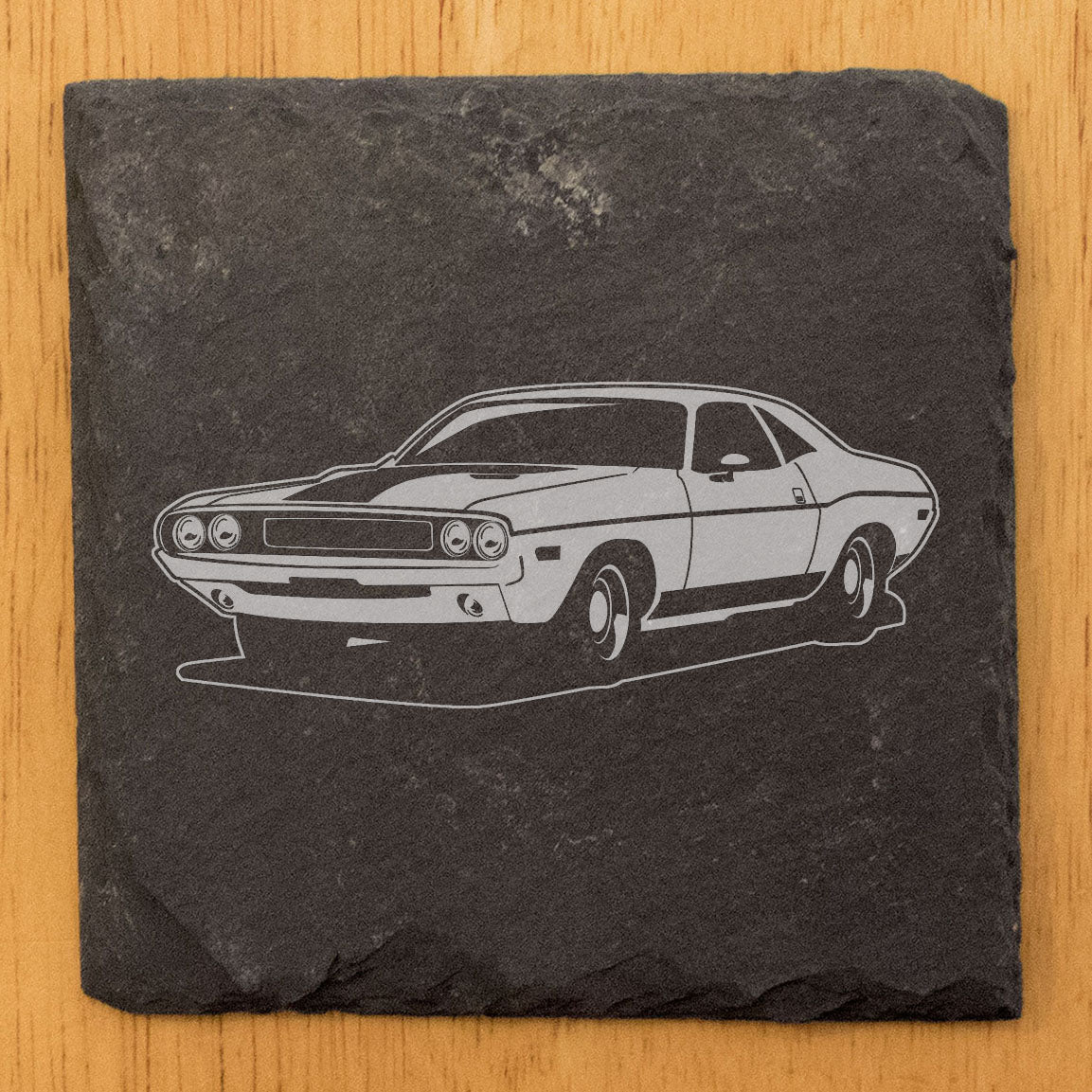 Rustic Slate Coasters Set with Laser-Etched Classic Dodge Challenger Design | Drink Coasters for Car Enthusiasts and Home Decor