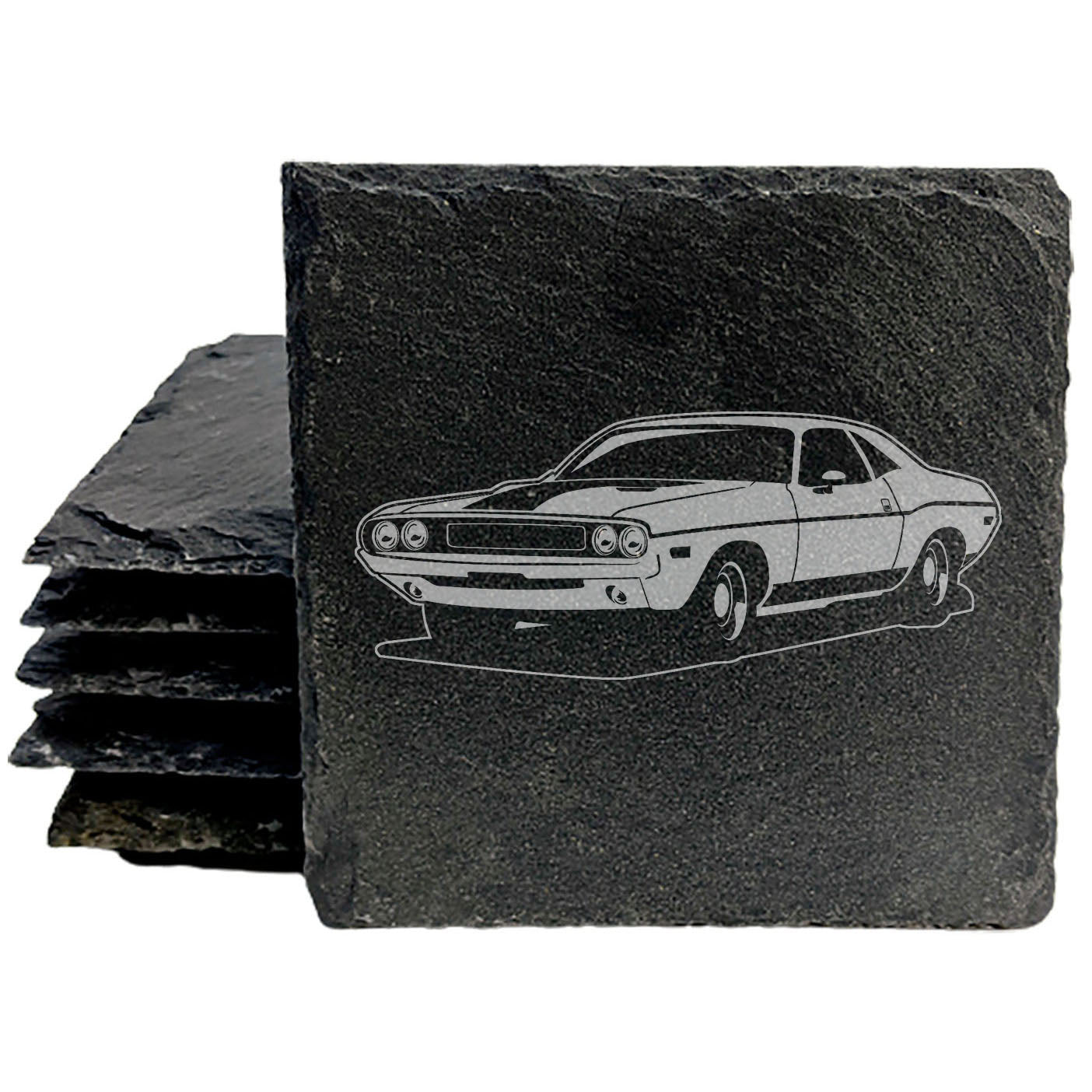 Rustic Slate Coasters Set with Laser-Etched Classic Dodge Challenger Design | Drink Coasters for Car Enthusiasts and Home Decor