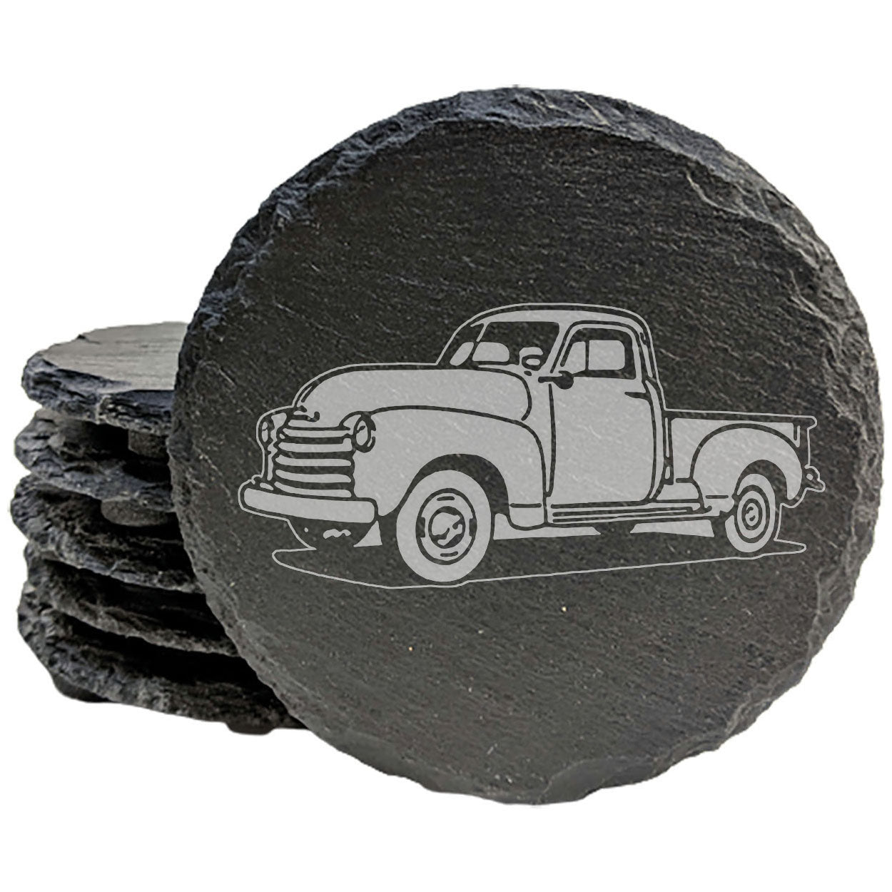 Rustic Slate Coasters Set with Laser-Etched Classic Chevy Truck Design - Home Decor Drink Mats