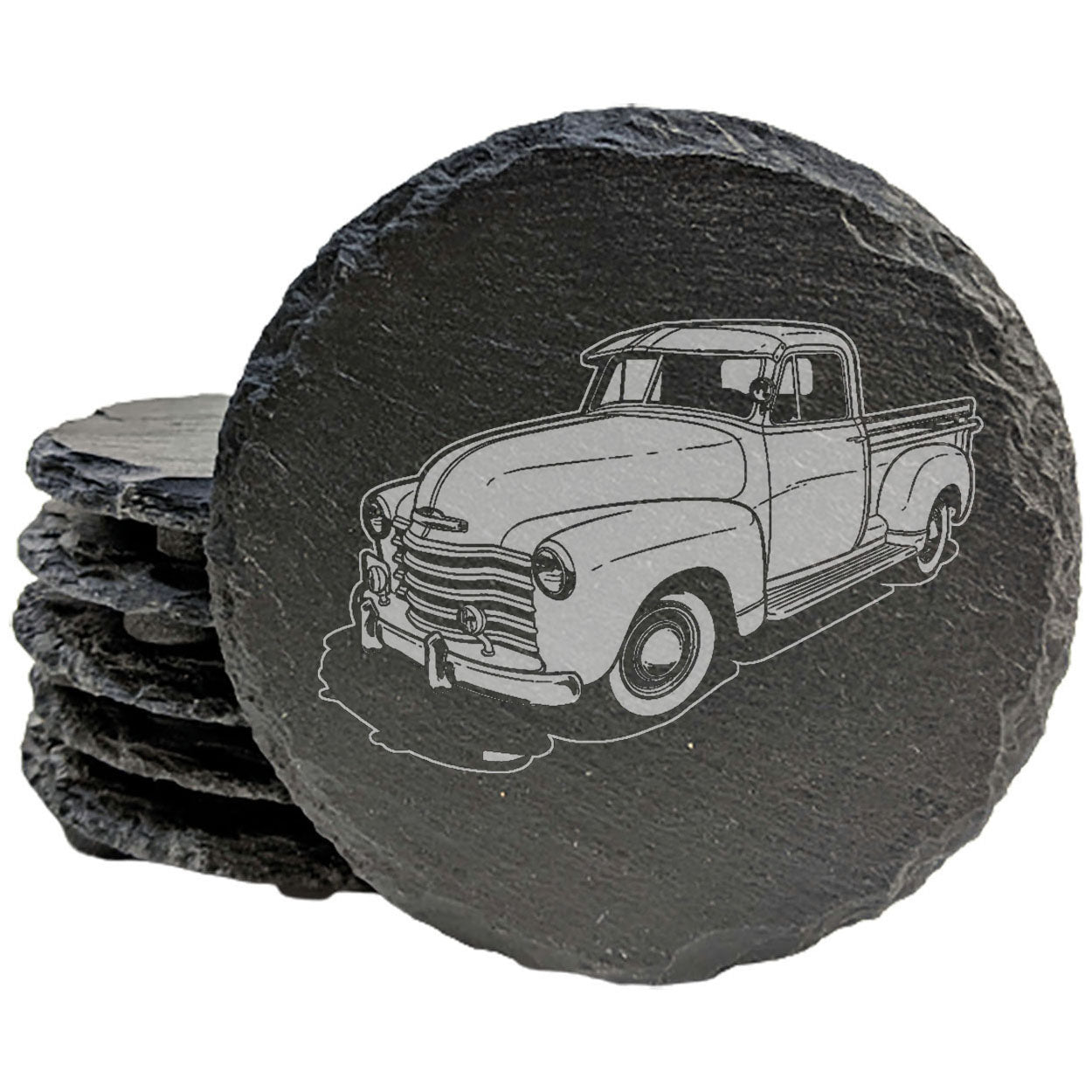 Rustic Slate Coasters Set with Laser-Etched Classic Chevy Truck Design - Drink Coasters for Home Decor & Car Enthusiasts