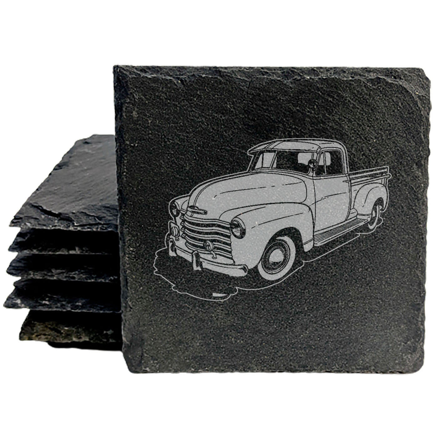 Rustic Slate Coasters Set with Laser-Etched Classic Chevy Truck Design - Drink Coasters for Home Decor & Car Enthusiasts