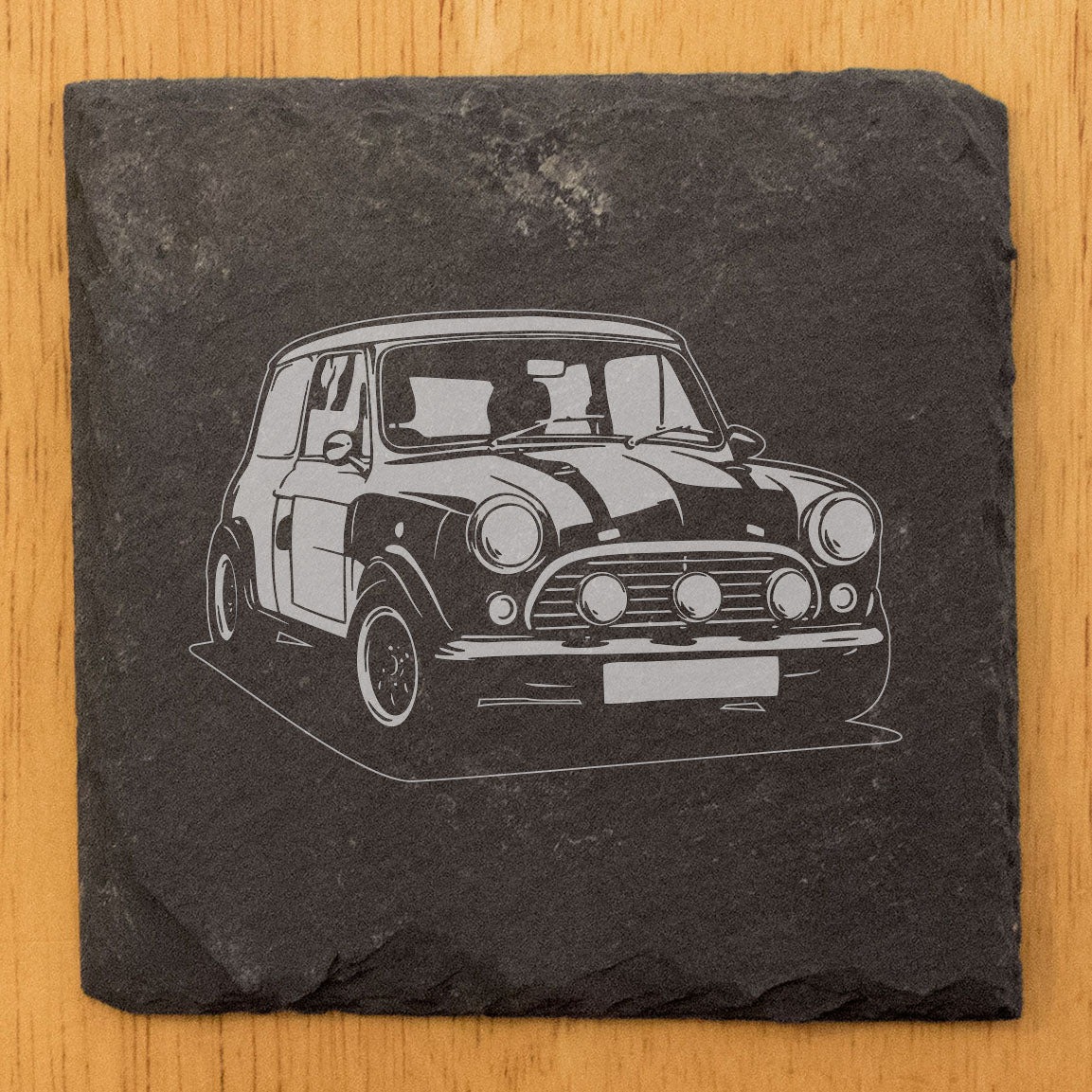 Rustic Gray Slate Coasters Set of 4 with Classic Mini 2 Car Design, Perfect for Holidays, Birthdays, Housewarming, She-Shed or Man Cave, Made in Oregon, USA, 4" Round or Square, Gift Boxed