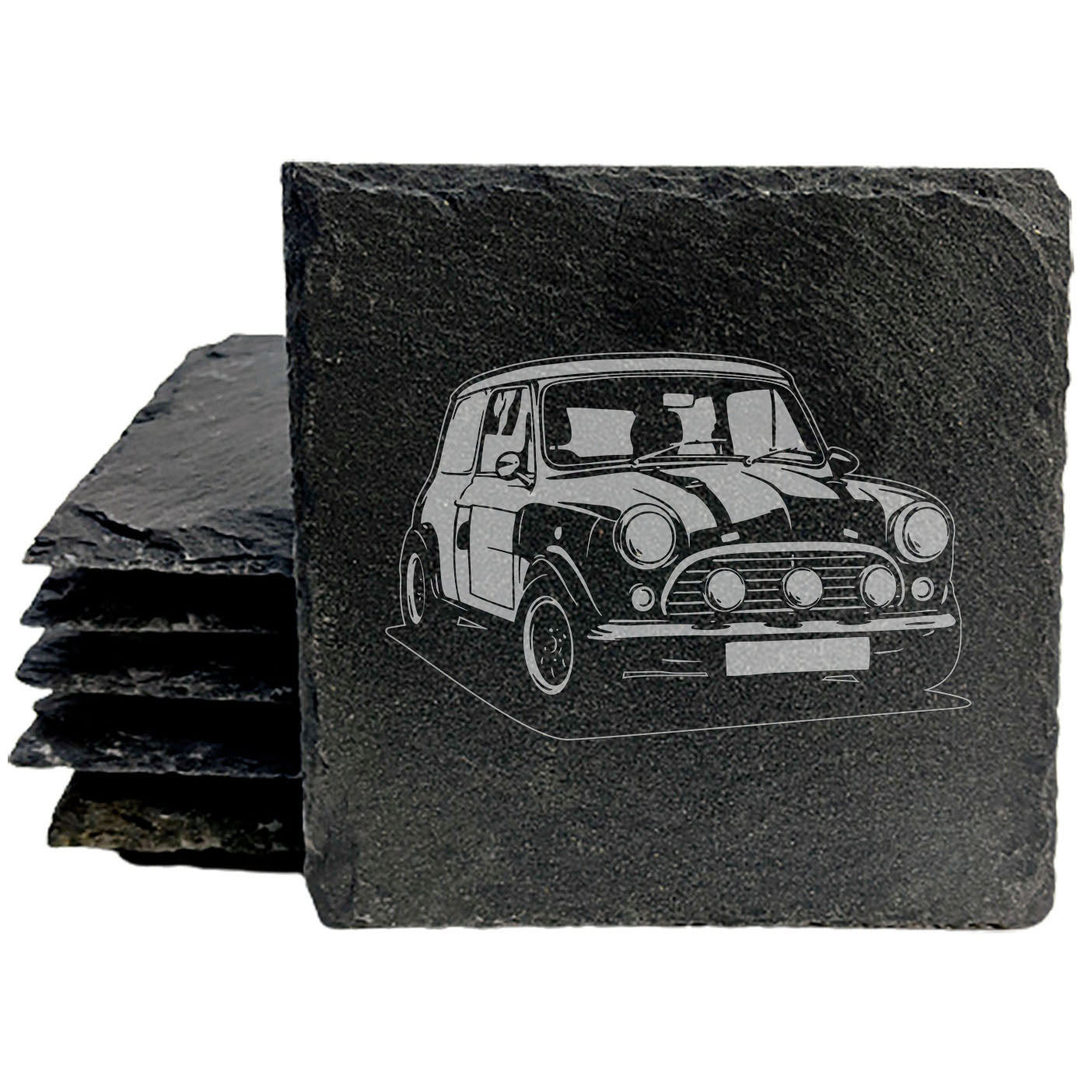 Rustic Gray Slate Coasters Set of 4 with Classic Mini 2 Car Design, Perfect for Holidays, Birthdays, Housewarming, She-Shed or Man Cave, Made in Oregon, USA, 4" Round or Square, Gift Boxed