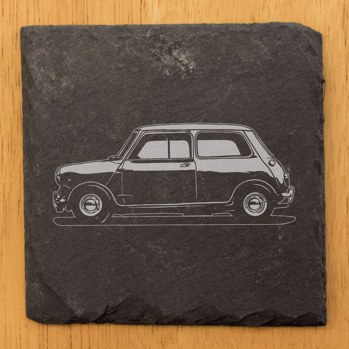 Rustic Gray Slate Coasters Set of 4 with Classic Mini 2 Car Design, Perfect for Holidays, Birthdays, Housewarming, She-Shed or Man Cave, Made in Oregon, USA, 4" Round or Square, Gift Boxed