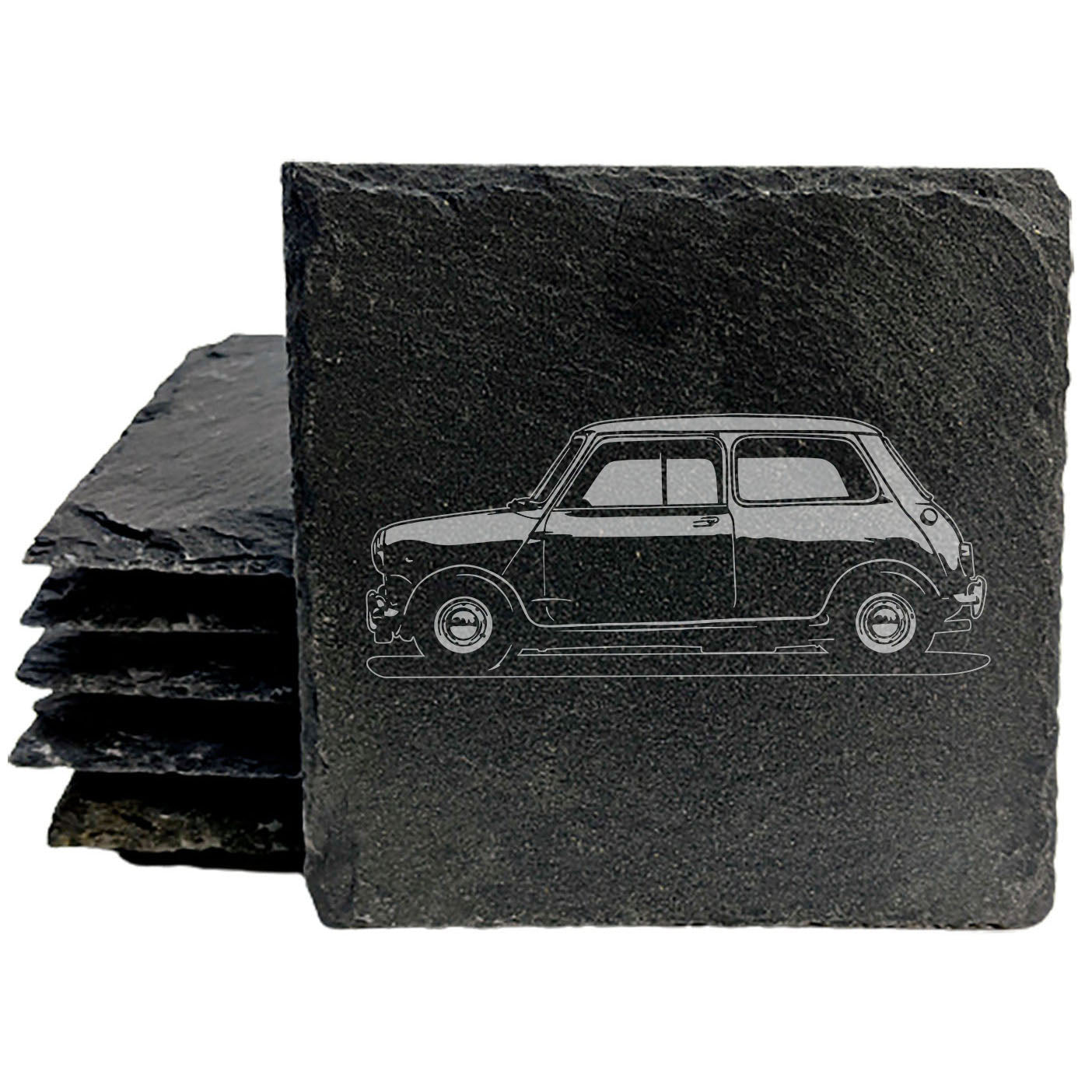 Rustic Gray Slate Coasters Set of 4 with Classic Mini 2 Car Design, Perfect for Holidays, Birthdays, Housewarming, She-Shed or Man Cave, Made in Oregon, USA, 4" Round or Square, Gift Boxed