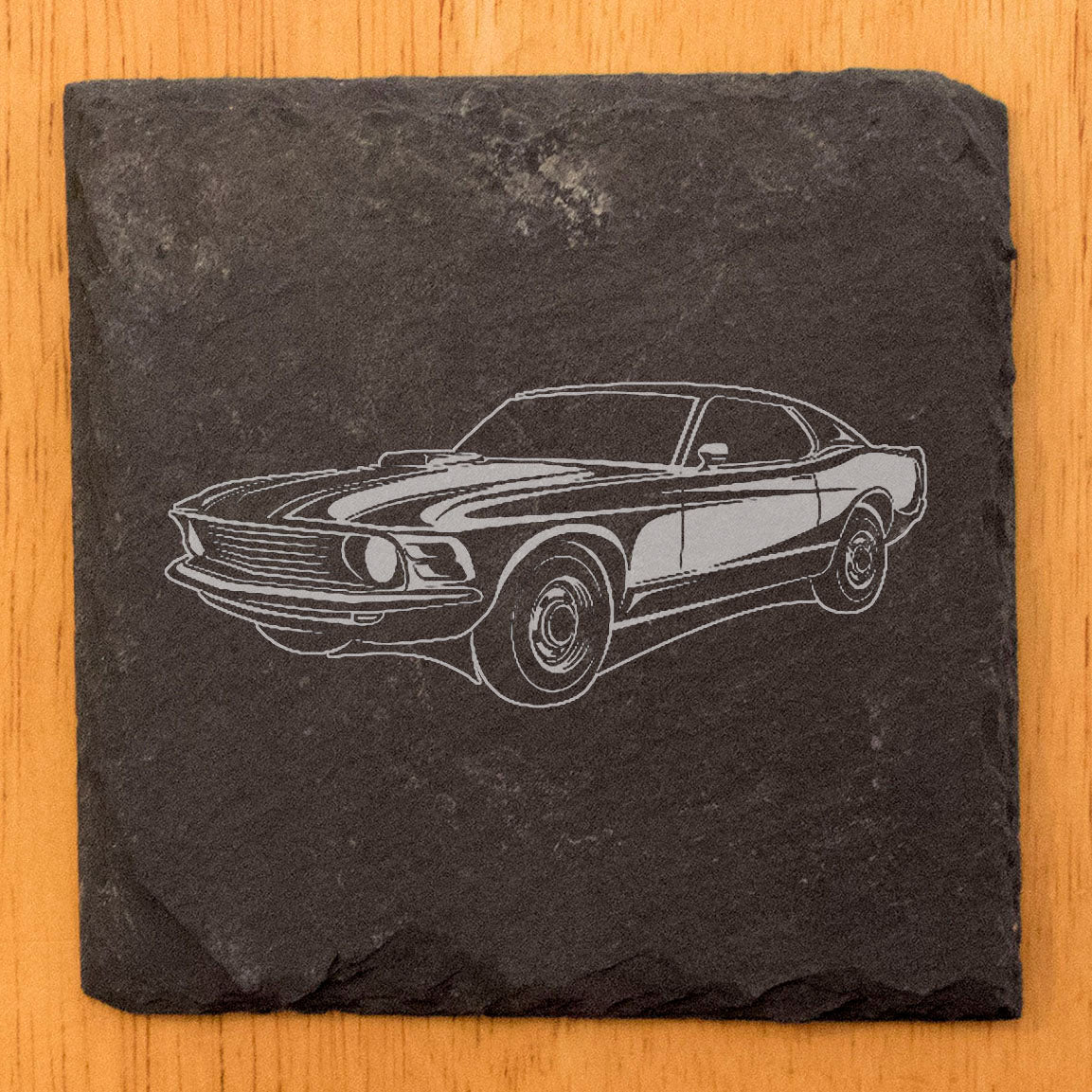 Rustic Slate Coasters Set with Laser Etched Classic Muscle Car Design - Protective Rubber Feet - Home Decor & Drink Coasters