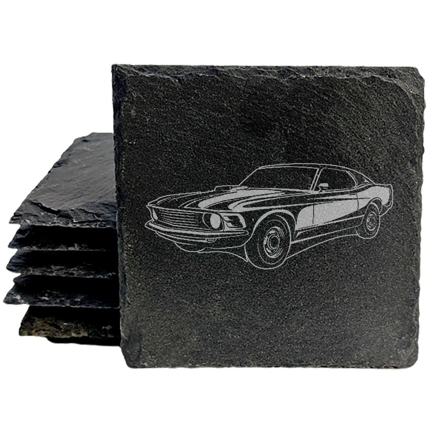 Rustic Slate Coasters Set with Laser Etched Classic Muscle Car Design - Protective Rubber Feet - Home Decor & Drink Coasters