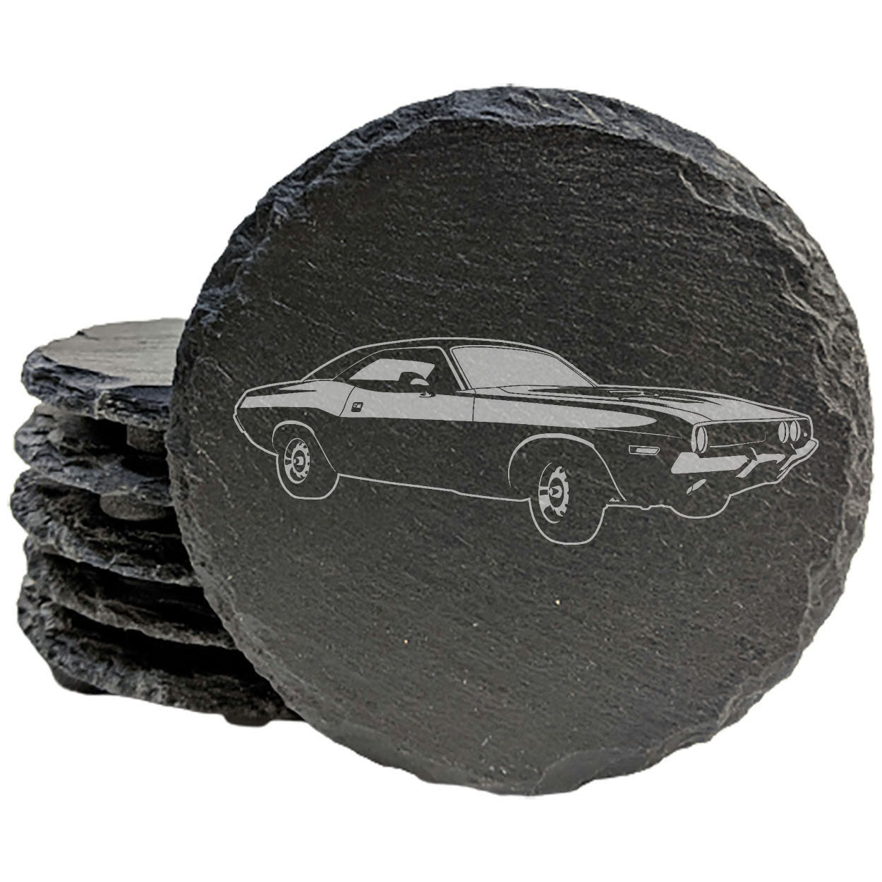 Rustic Slate Coasters Set with Laser-Etched Classic Muscle Car Design - Stylish Drink Coasters for Home Decor and Car Enthusiasts