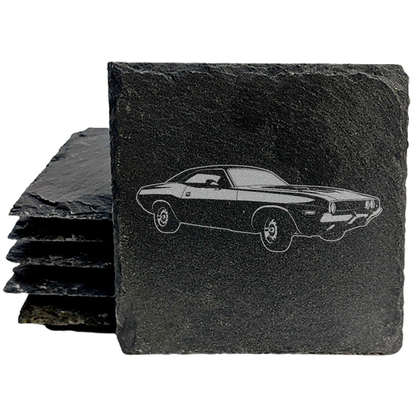 Rustic Slate Coasters Set with Laser-Etched Classic Muscle Car Design - Stylish Drink Coasters for Home Decor and Car Enthusiasts