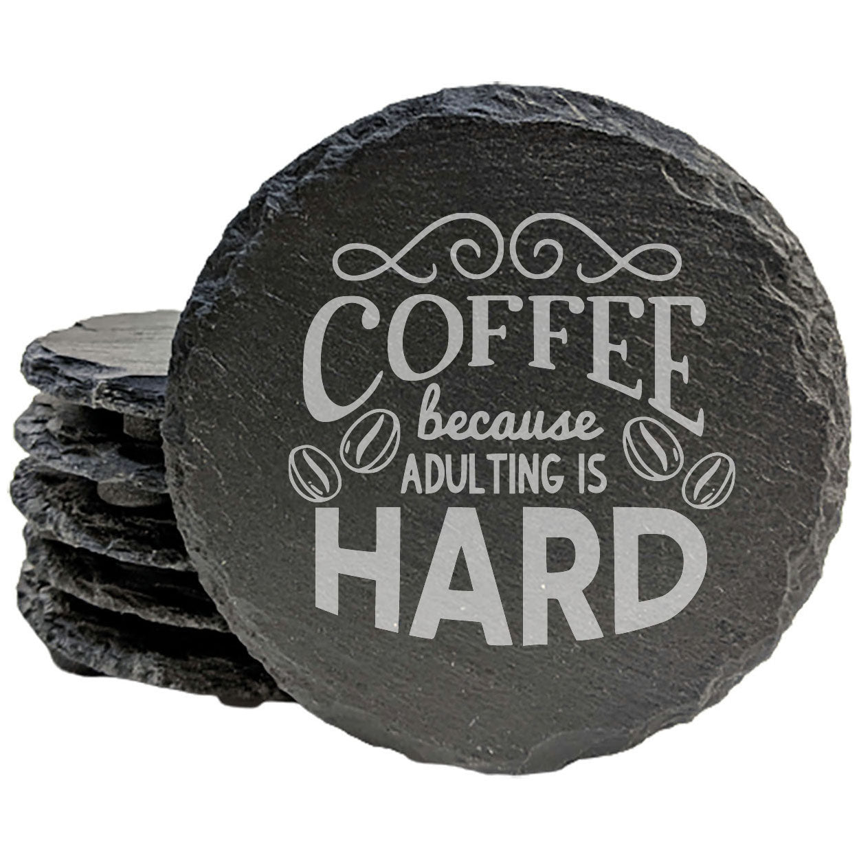 Start Your Day with a Chuckle: Funny "Coffee, Because Adulting is Hard" Coasters in Gray Slate