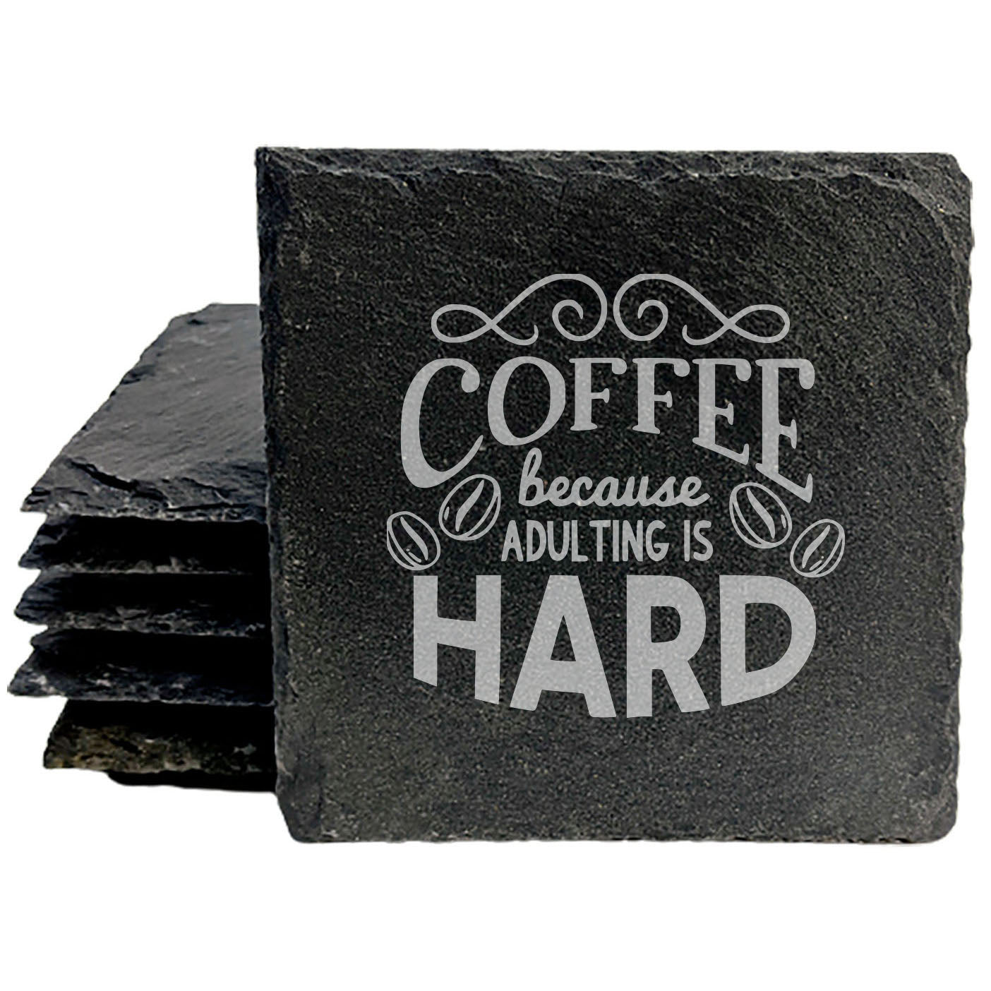 Start Your Day with a Chuckle: Funny "Coffee, Because Adulting is Hard" Coasters in Gray Slate