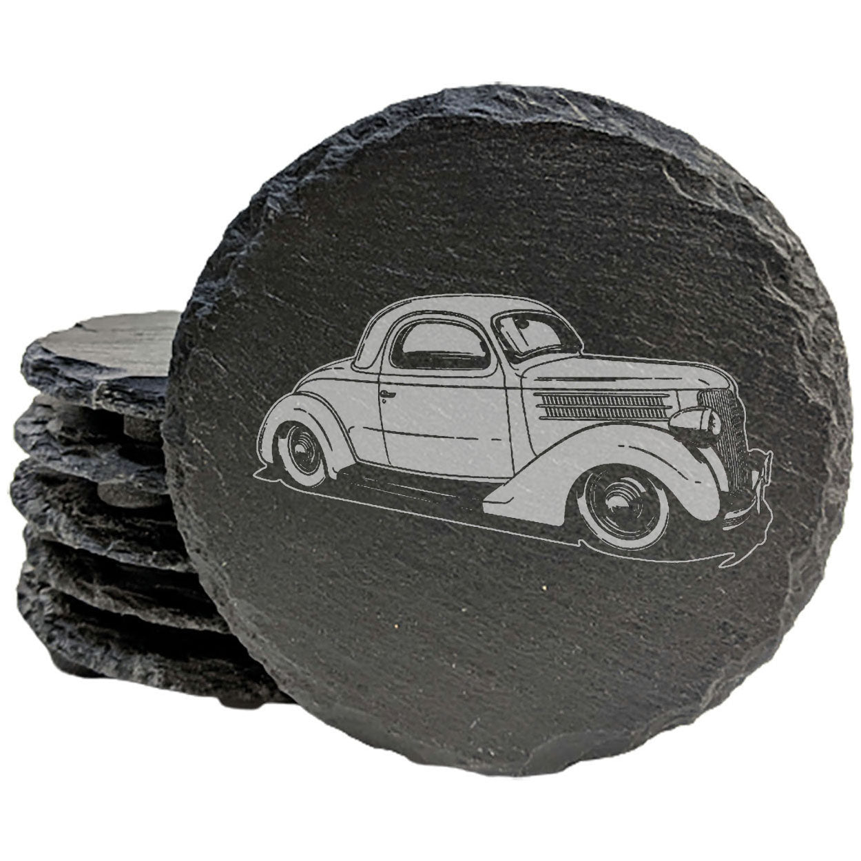 Set of Rustic Slate Coasters - Laser Etched 36 Coupe Design - Vintage Car Enthusiast Drink Coasters - Protect Surfaces with Style!