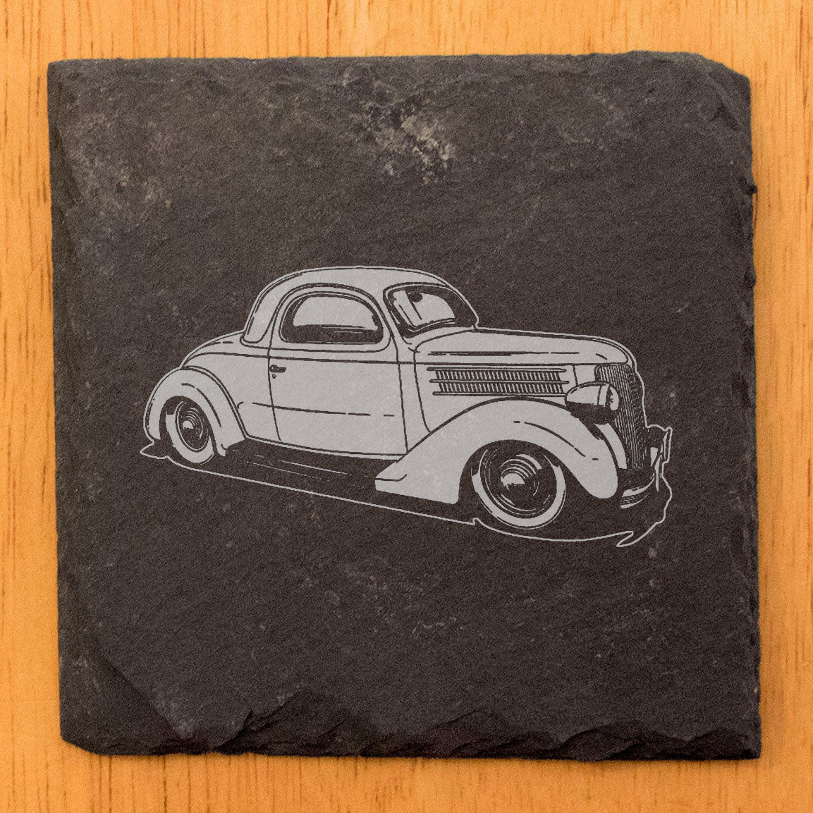 Set of Rustic Slate Coasters - Laser Etched 36 Coupe Design - Vintage Car Enthusiast Drink Coasters - Protect Surfaces with Style!