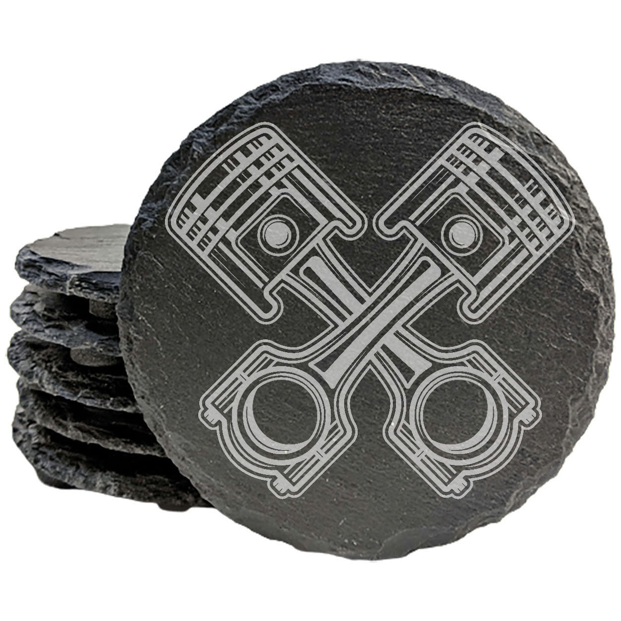 Rev Up Your Decor: Stylish Gray Slate Coasters with Crossed Pistons