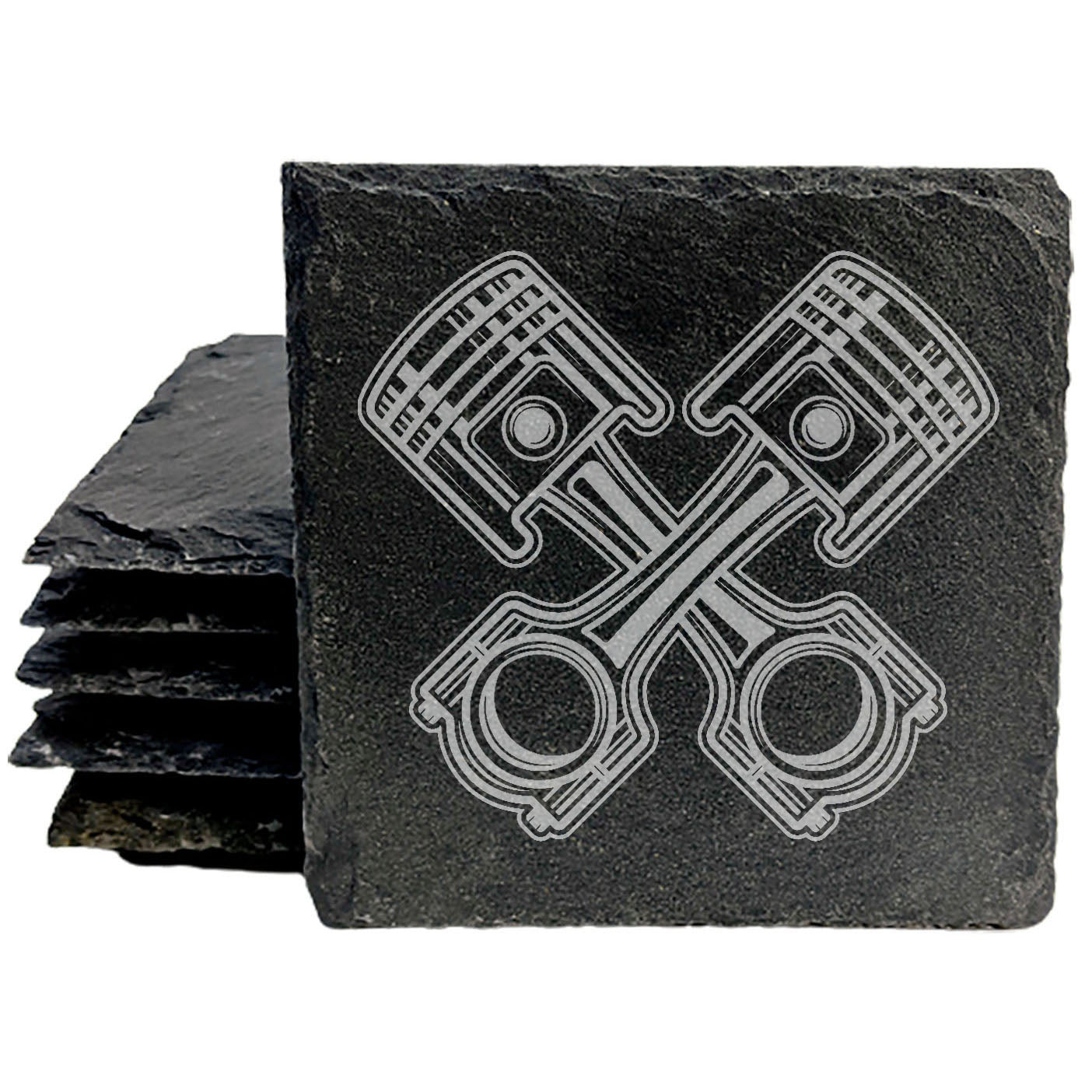 Rev Up Your Decor: Stylish Gray Slate Coasters with Crossed Pistons