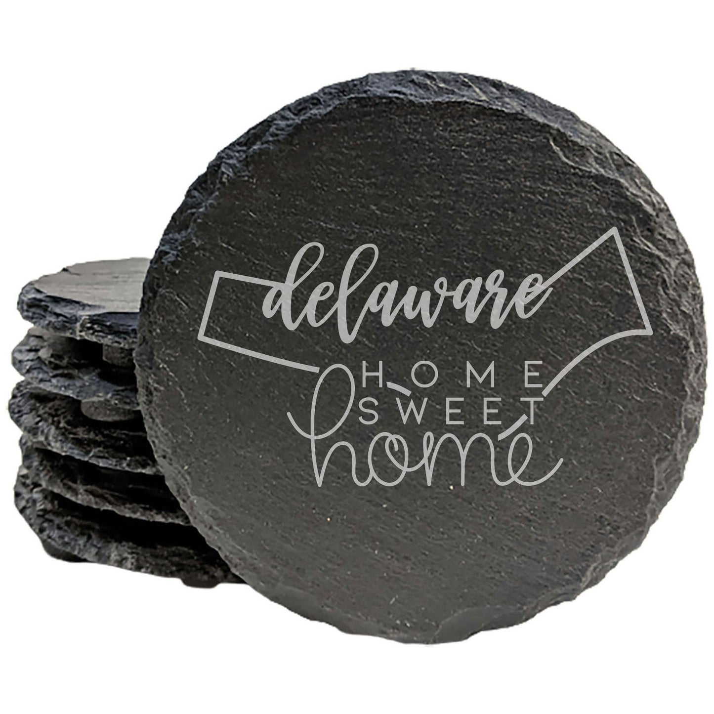 Rustic Slate Coasters Set of 4, Round 4" with Delaware 'Home Sweet Home' Design, Perfect Gift for Holidays, Birthdays, Housewarming, She-Shed, Man Cave, Made in Oregon, USA, Natural Chipped Edge