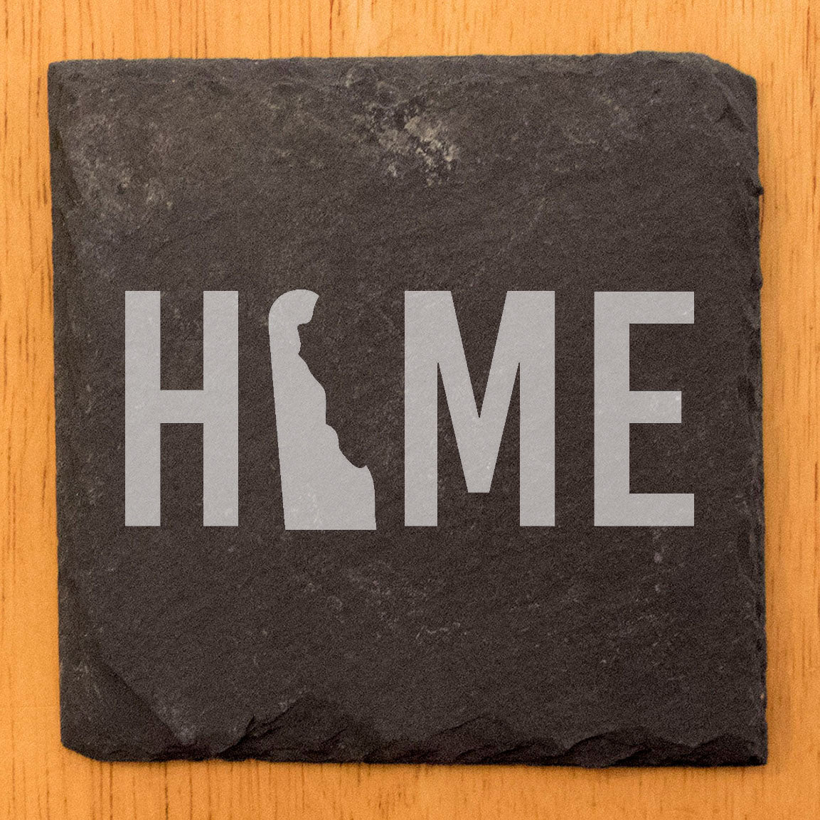 Rustic Slate Coasters Set of 4, Laser Etched 'HOME' Design with Delaware State, 4" Round, Natural Chipped Edge, Rubber Feet, , Perfect for Holidays, Birthdays, Housewarming, USA Made