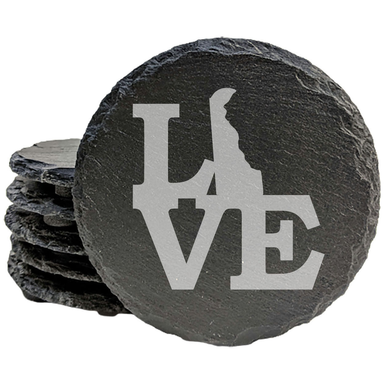 Rustic Slate Coasters Set of 4, Laser Etched 'LOVE' Delaware Design, 4" Round, Natural Chipped Edge, Rubber Feet, , Perfect for Holidays, Birthdays, Housewarming, Made in Oregon, USA