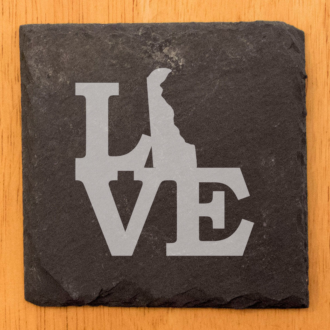 Rustic Slate Coasters Set of 4, Laser Etched 'LOVE' Delaware Design, 4" Round, Natural Chipped Edge, Rubber Feet, , Perfect for Holidays, Birthdays, Housewarming, Made in Oregon, USA