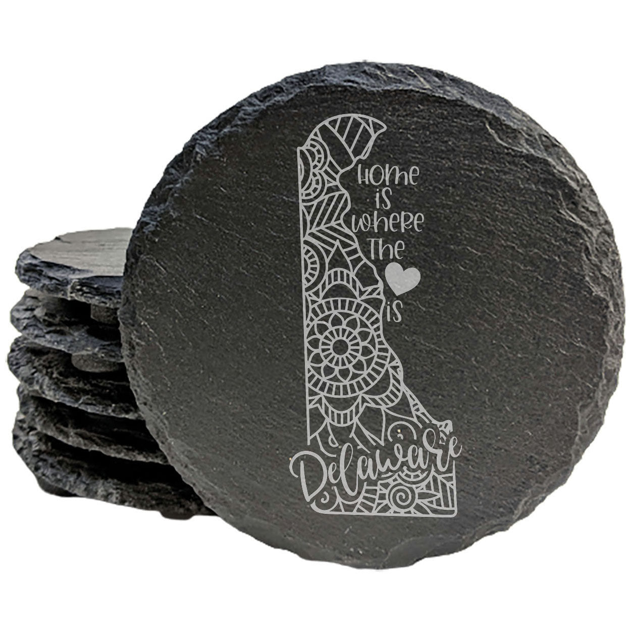Rustic Slate Coasters Set of 4, Round 4" with Delaware Mandala Design, 'Home is Where the Heart Is' Quote, Perfect Gift for Holidays, Birthdays, Housewarming, Made in Oregon, USA, Small Business