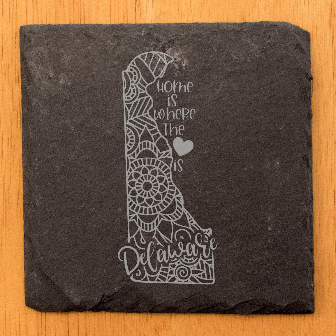 Rustic Slate Coasters Set of 4, Round 4" with Delaware Mandala Design, 'Home is Where the Heart Is' Quote, Perfect Gift for Holidays, Birthdays, Housewarming, Made in Oregon, USA, Small Business