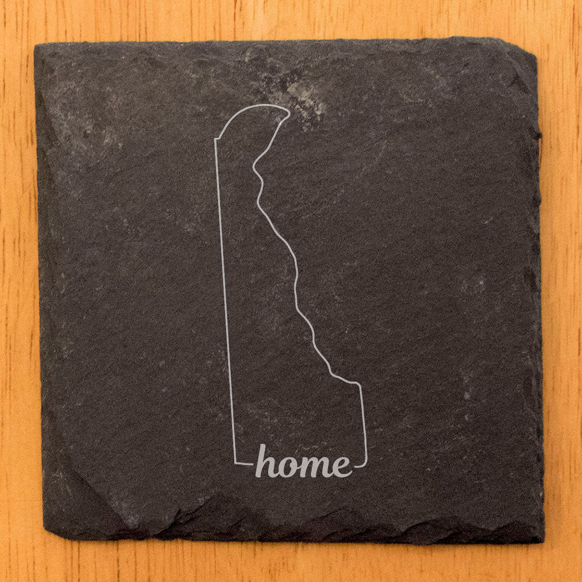 Rustic Slate Coasters Set of 4, Round 4" with Delaware 'Home' Design, Perfect for Holidays, Birthdays, Housewarming Gifts, She-Shed or Man Cave, Made in Oregon, USA, Natural Chipped Edge, Rubber Feet