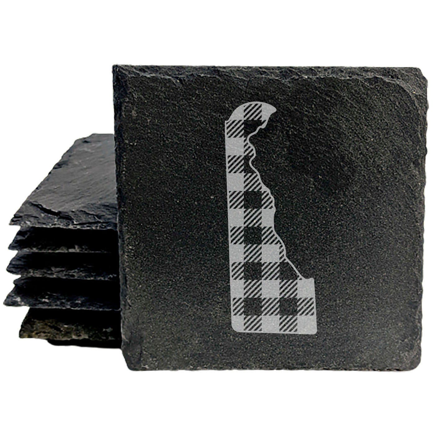 Rustic Slate Coasters Set of 4, Round, 4" Diameter, Laser Etched Delaware Plaid Design, Natural Chipped Edge, Rubber Feet, , Perfect for Holidays, Birthdays, Housewarming, USA Made
