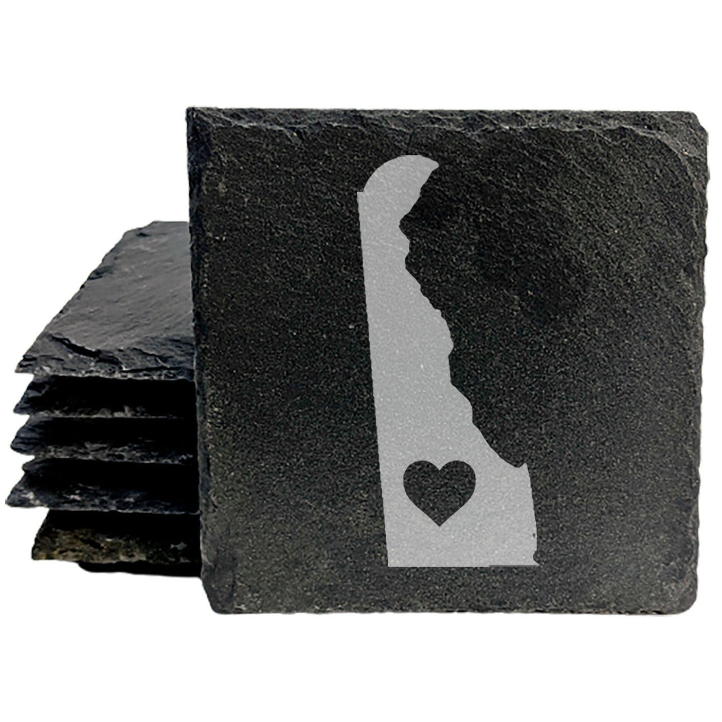 Rustic Slate Coasters Set of 4, Laser Etched Delaware Design, Perfect for Holidays, Birthdays, Housewarming Gifts, 4" Round, Natural Chipped Edge, Made in Oregon, USA, Small Business Crafted