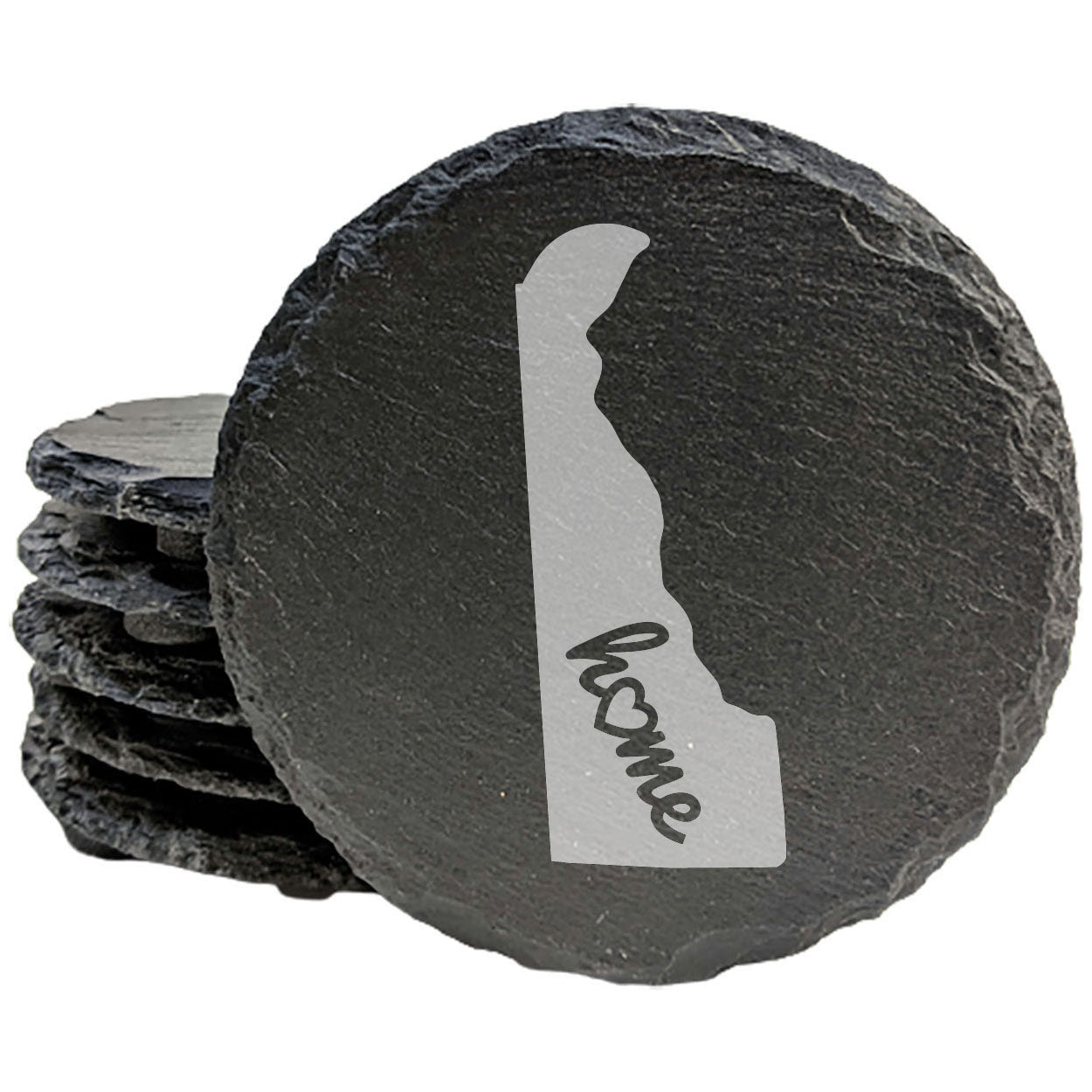 Rustic Slate Coasters Set of 4, Round 4" with Delaware 'Home' Heart Design, Perfect for Holidays, Birthdays, Housewarming Gifts, She-Shed or Man Cave, Made in Oregon, USA, Natural Chipped Edge