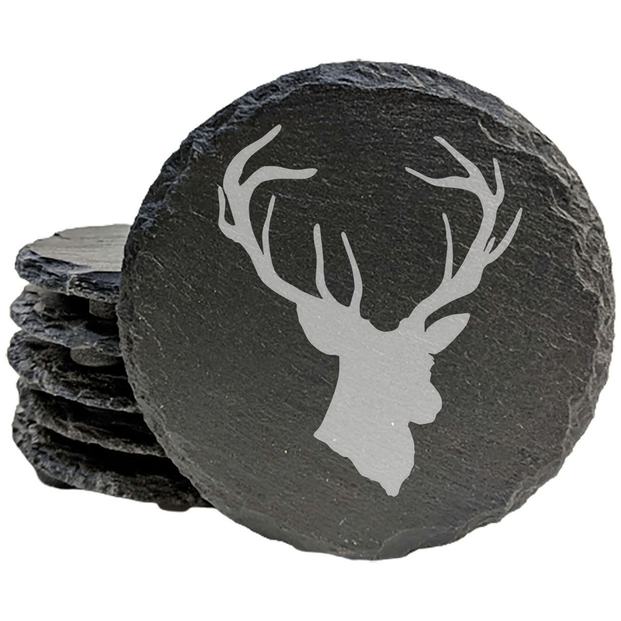 Rustic Charm: Natural Gray Slate Coasters with Striking Stag Antlers