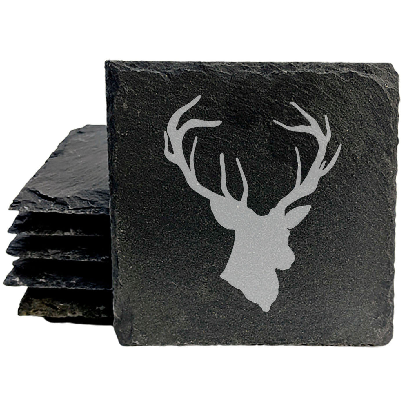 Rustic Charm: Natural Gray Slate Coasters with Striking Stag Antlers